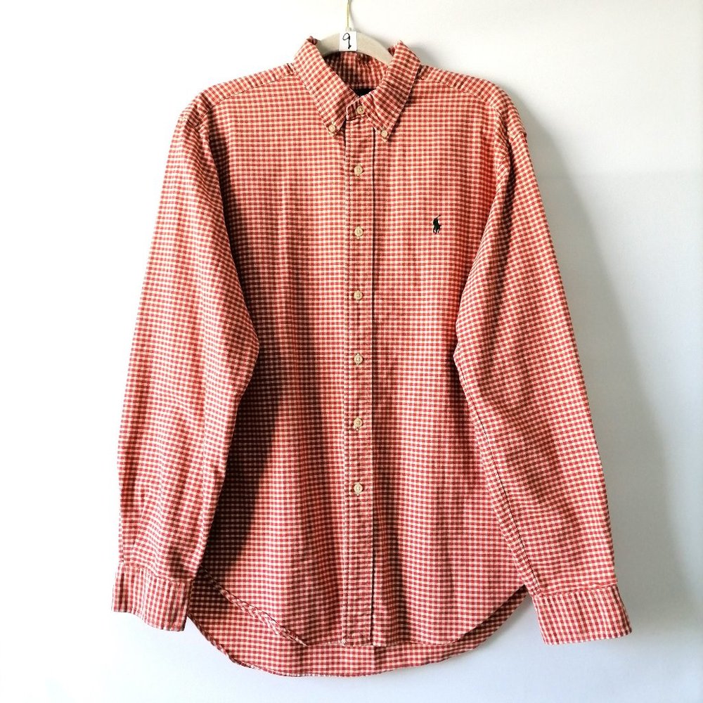 Ralph Lauren Mens Orange Gingham Check Classic Fit Button Down Shirt Size L